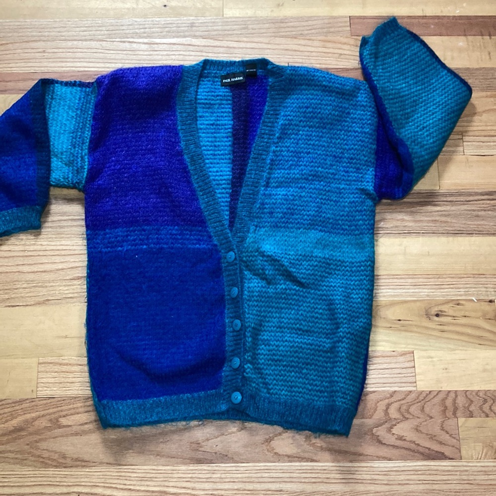 Paul Harris V Neck Cardigan, Size M 50% Mohair 50% Acrylic. Teal, Blue & Green.